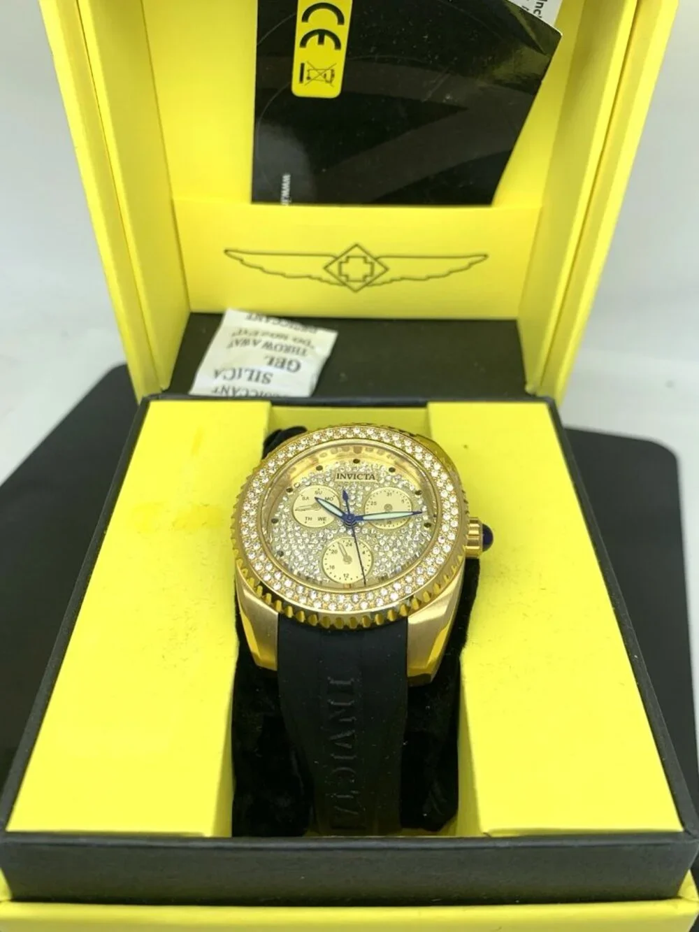 Invicta Women's Watch 28485 Angel Quartz Gold Dial Black Rubber Strap 38mm